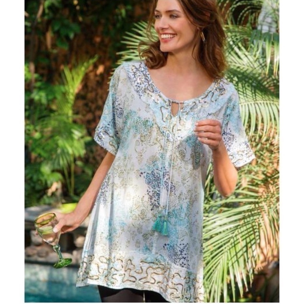 Soft Surroundings 100% Cotton Pure Paradise Tunic Sequins Beads Resort Wear Boho